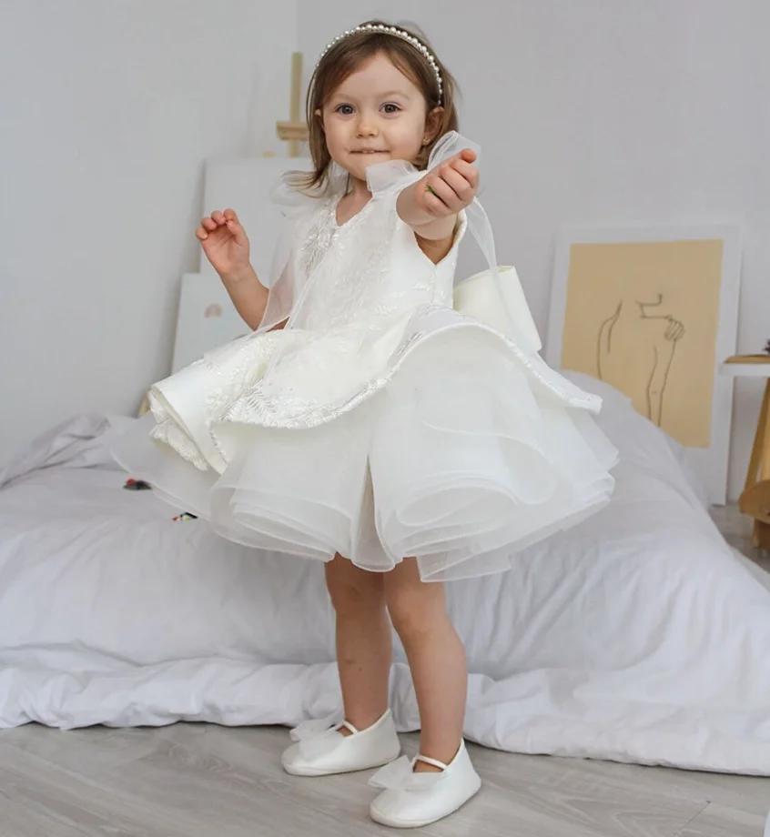 

White Puffy Flower Girl Dress with Bow First Birthday Baby Dress Tutu Outfit Princess Dress Special Occasion Ball Gown