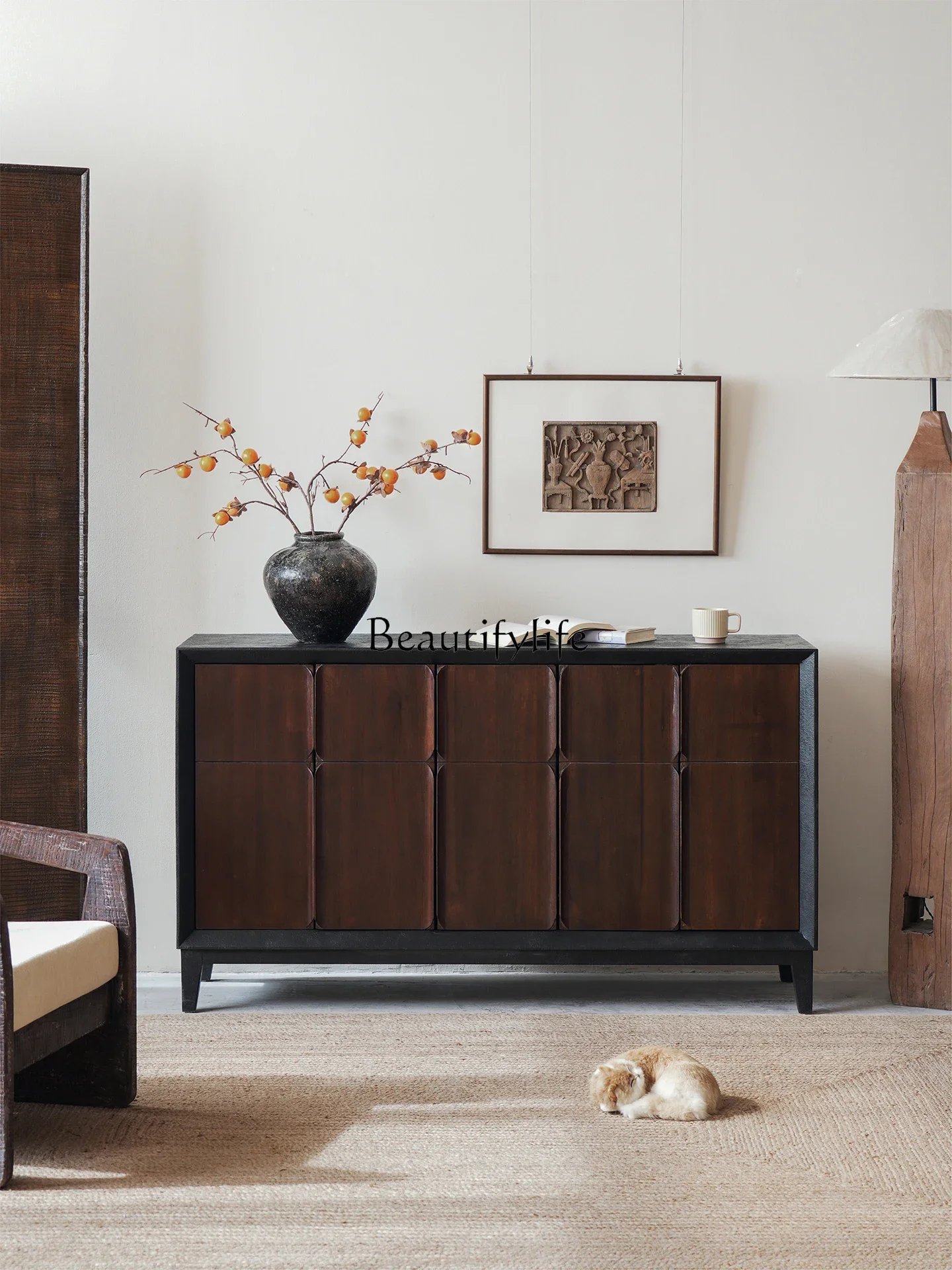 

ls 04Medieval style retro solid wood dining side cabinet integrated storage cabinet against the wall wabi sandy wind