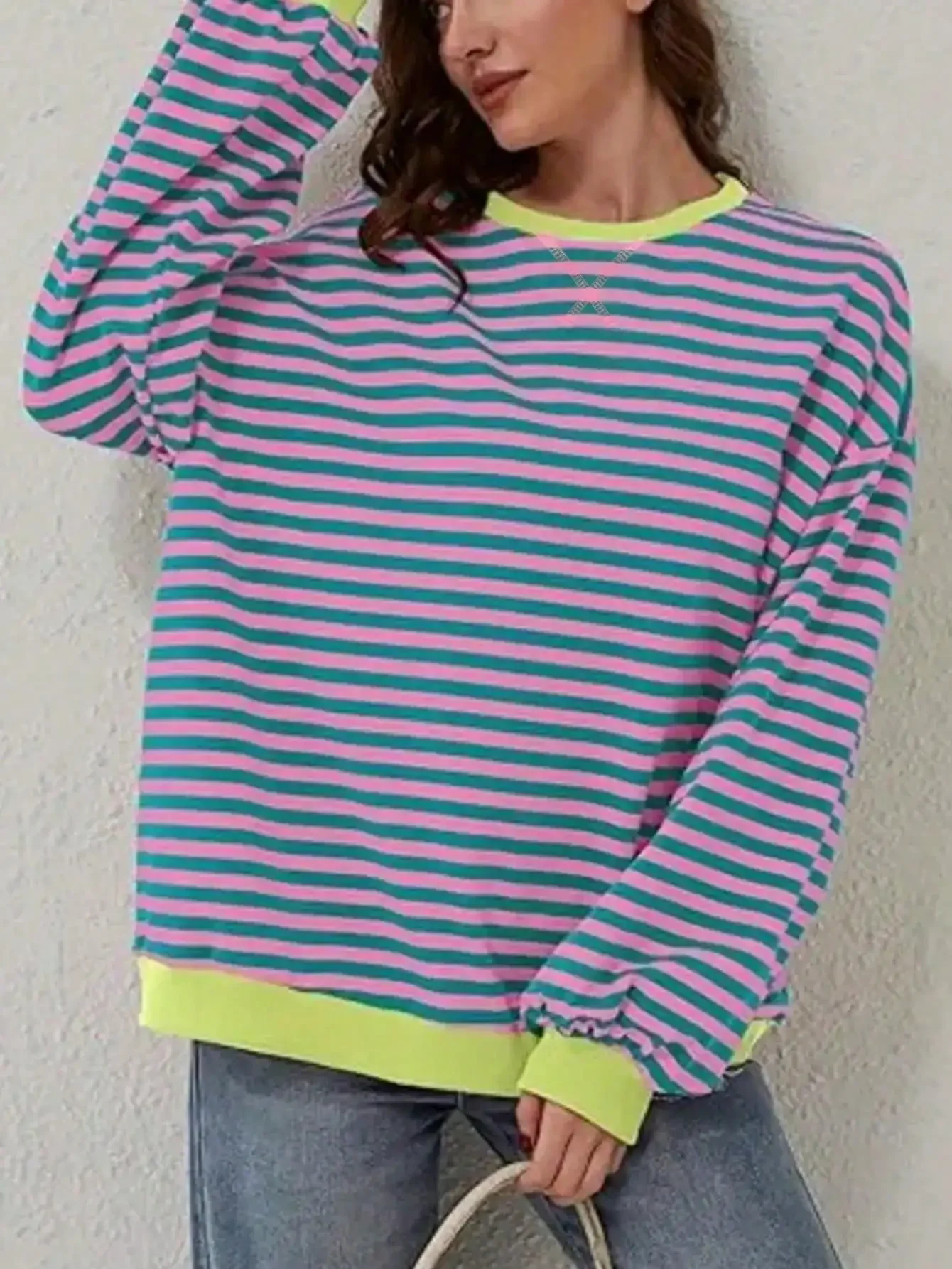 Women Color Contrast Rib Trim Striped Sweatshirt Drop Shoulder Long Sleeve Casual Top