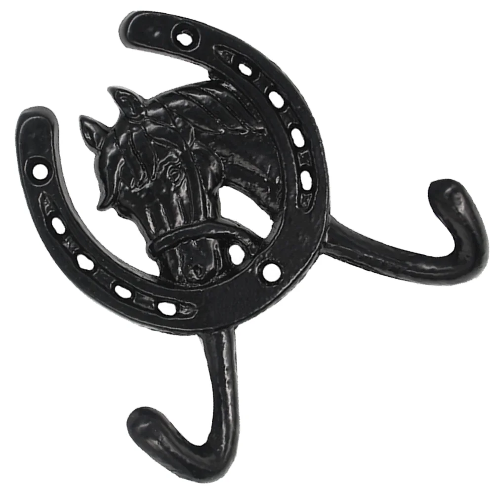 

European Style Creative Horse Head Horseshoe Double Hook Wall Cast Iron Black Hat Hanger Hanging Hooks Coat for