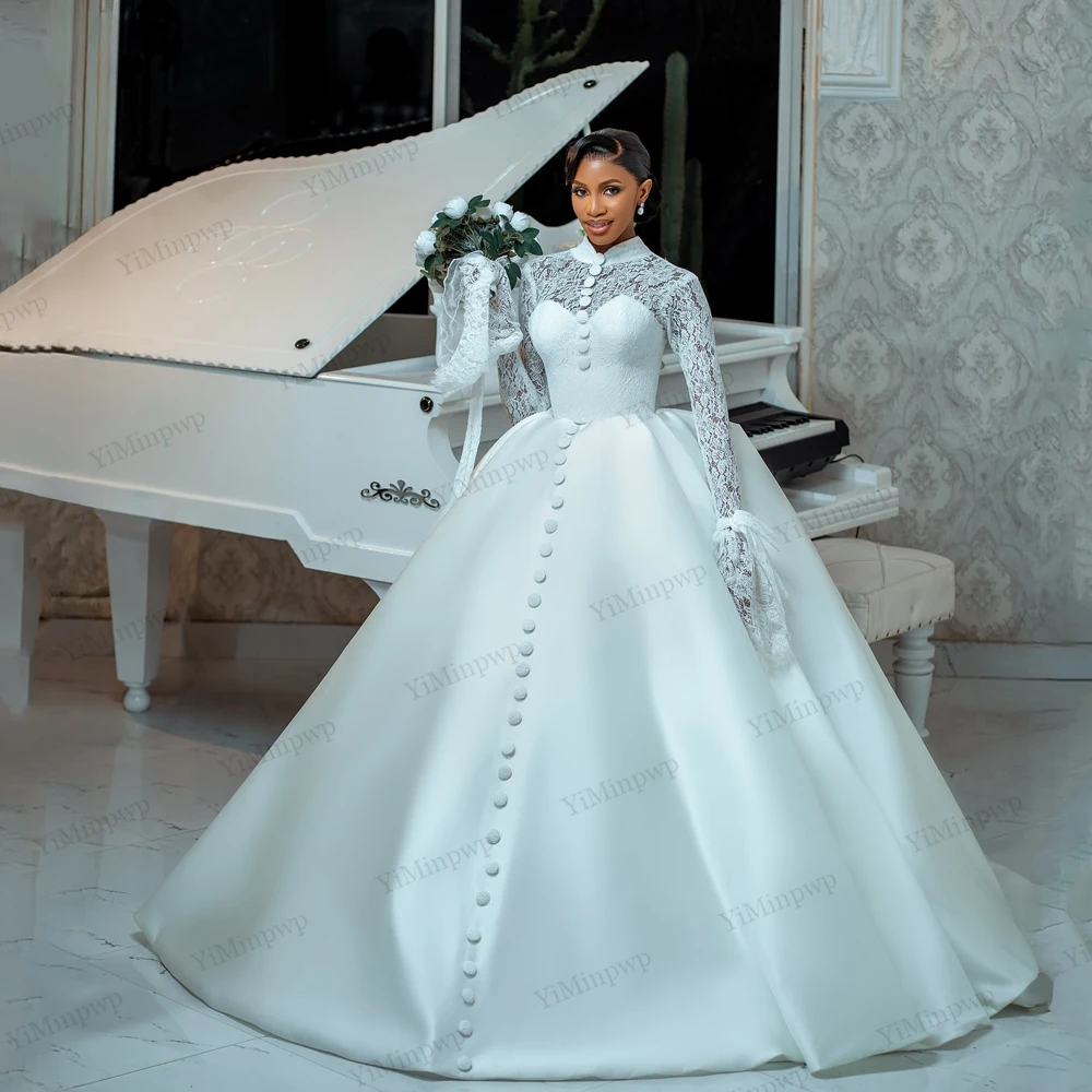 Gaun Pengantin Afrika dengan Aplikasi Renda Mewah, Kerah Tinggi, Lengan Panjang, 2 in 1 dengan Ekor yang Dapat Dilepas, Gaun Pengantin dengan Kancing, Dapat Disesuaikan