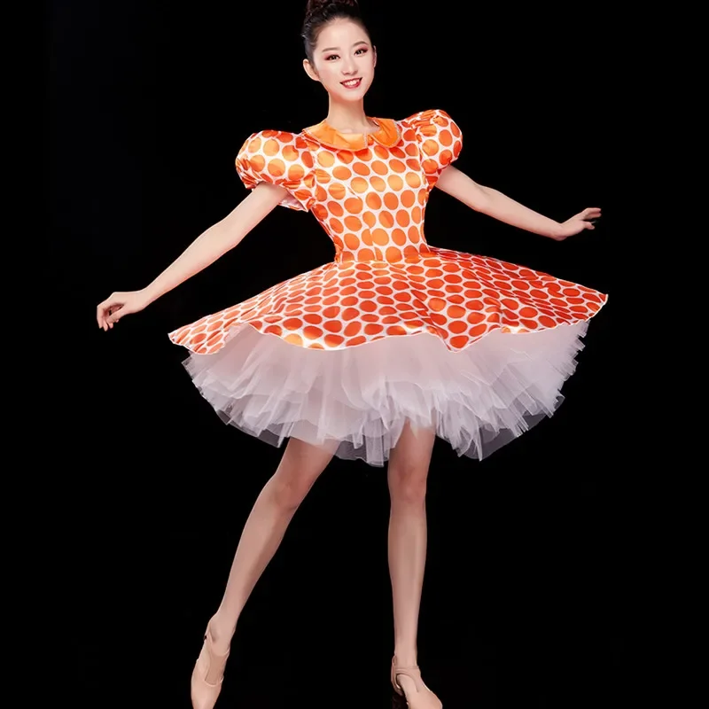 Adult Female Modern Dance Dress Opening Dance Costume Dot Bubble Mini Dress Women Dancer Team Performance Stage Wear Pink Blue