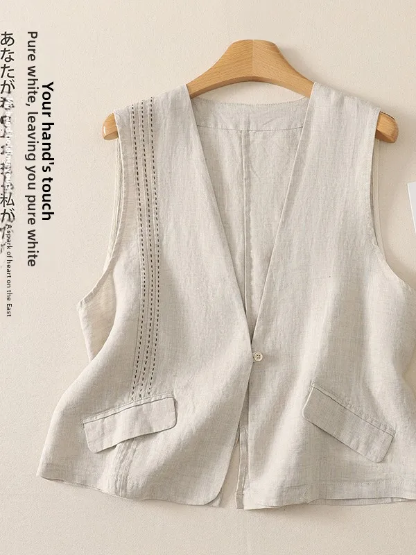 Retro Artistic Women's Cotton Linen Vest Summer Handmade Hooked Line Slimming Open Cardigan Top V-neck Regular Length  C...