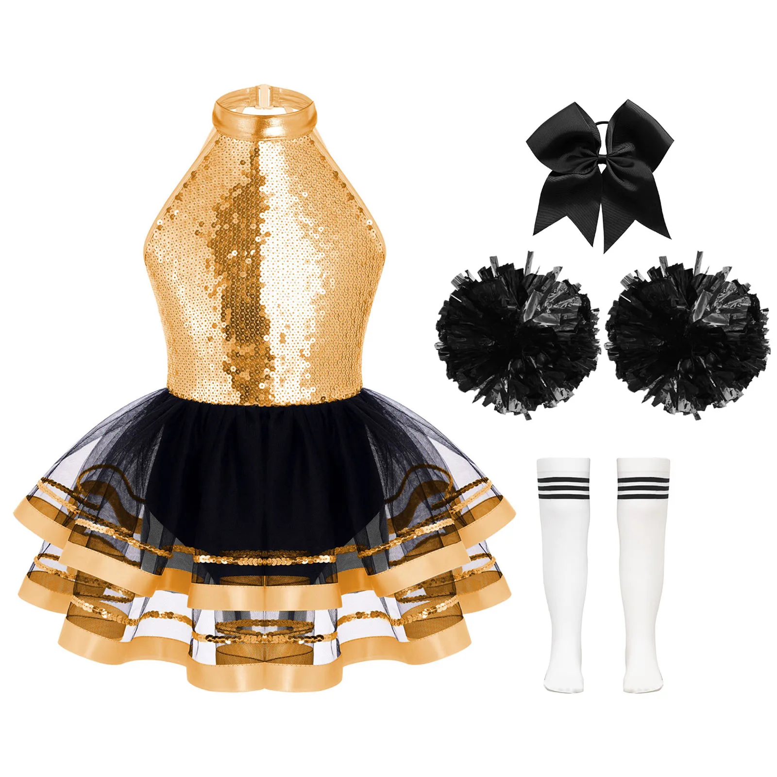 Girls Cheerleading Outfit Sequins Tulle Ballet Tutu Leotard Dress with Flower Balls Headwear Socks Jazz Dance Costume Dancewear