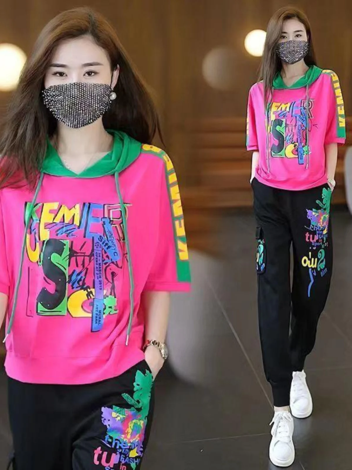 

Комплект повседневной спортивной одежды больших размеров для бега, новинка 2025 года, весна-лето, модный худи и топ с коротким рукавом, комплект из двух предметов для полных женщин