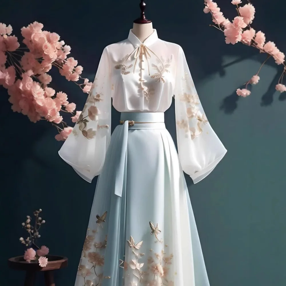 

Новинка 2025, весенняя китайская женская полуюбка Hanfu, комплект из двух предметов, традиционный костюм, костюмы из поливолокна, большие размеры