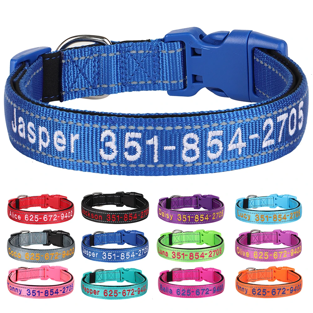 Embroidered Nylon Dog Collar Personalized Puppy Cat Collars Reflective Pet ID Collars DIY Phone Name ID For Small Large Dog Cat