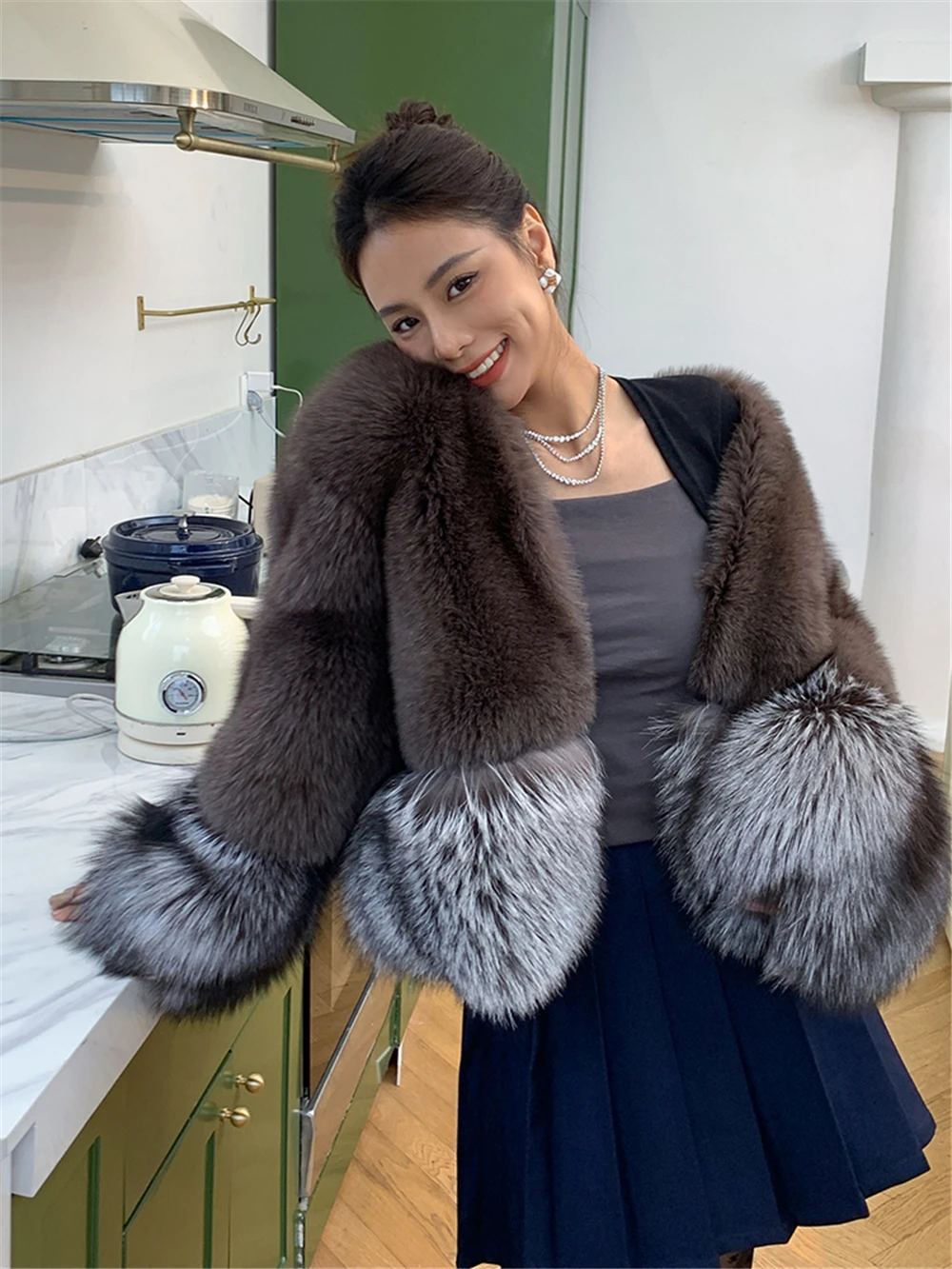 Natural Fox Fur Coat for Women, Long Sleeves, Real Silver Fox Fur Coat, Plush Female Jacket, Winter