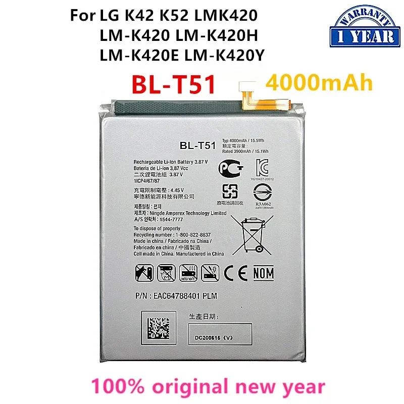 

Original BL-T51 4000mAh Battery For LG K42 K52 LMK420 LM-K420 LM-K420H LM-K420E LM-K420Y BL T51 Mobile phone Batteries