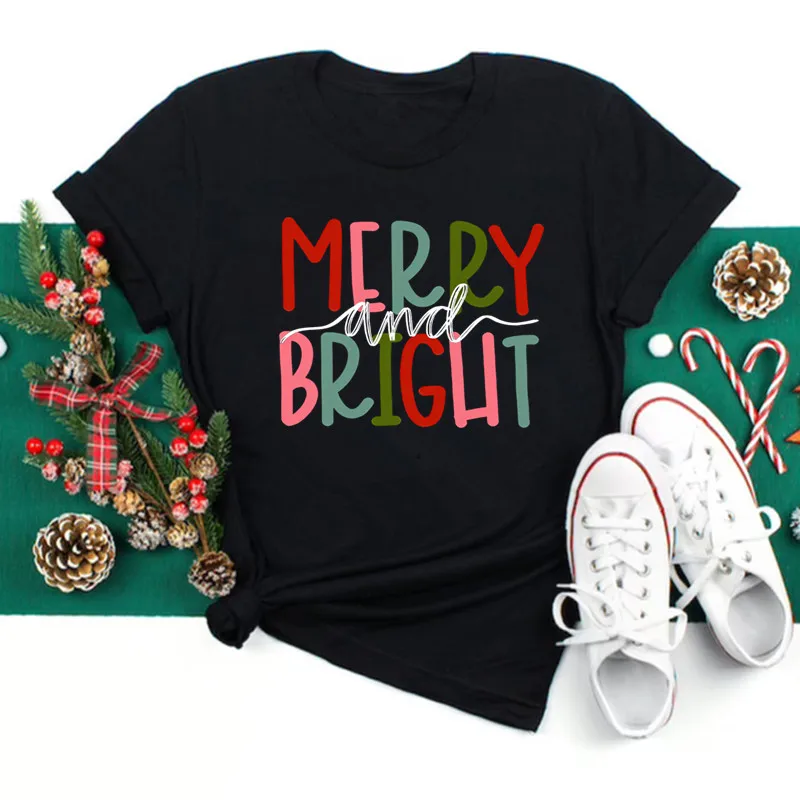 Merry and Bright Print T-shirt Casual Short Sleeve Top For Spring Summer Women's Clothing