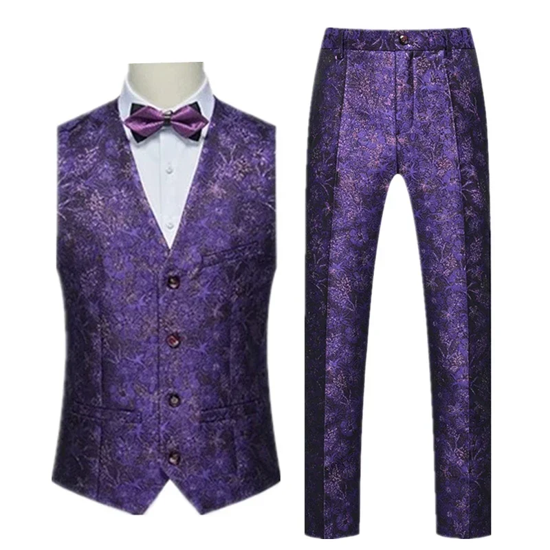 

Jacquard Fabric V-Neck Sleeveless Vest Jacket & Trousers Men's Wedding Party Two Piece Set White Black Red Purple M-5XL 6XL