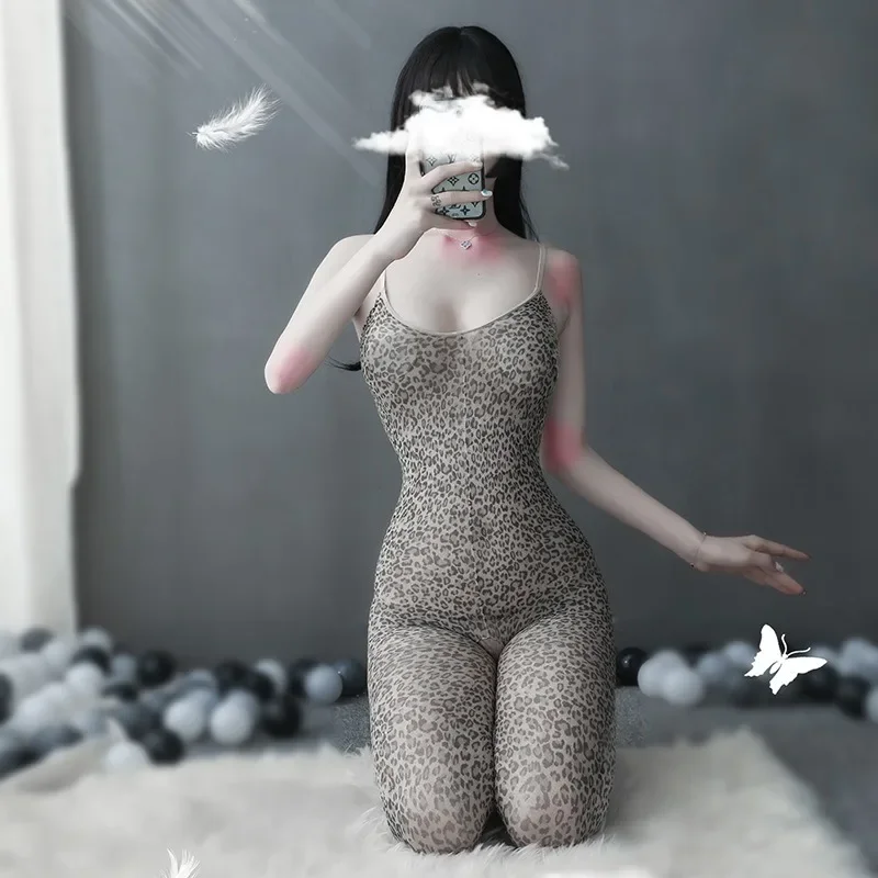 

Sexy Erotic Jumpsuit Stockings, Women's Leopard Print, Hot Opening Combo Uniform, Seductive and Passionate Set