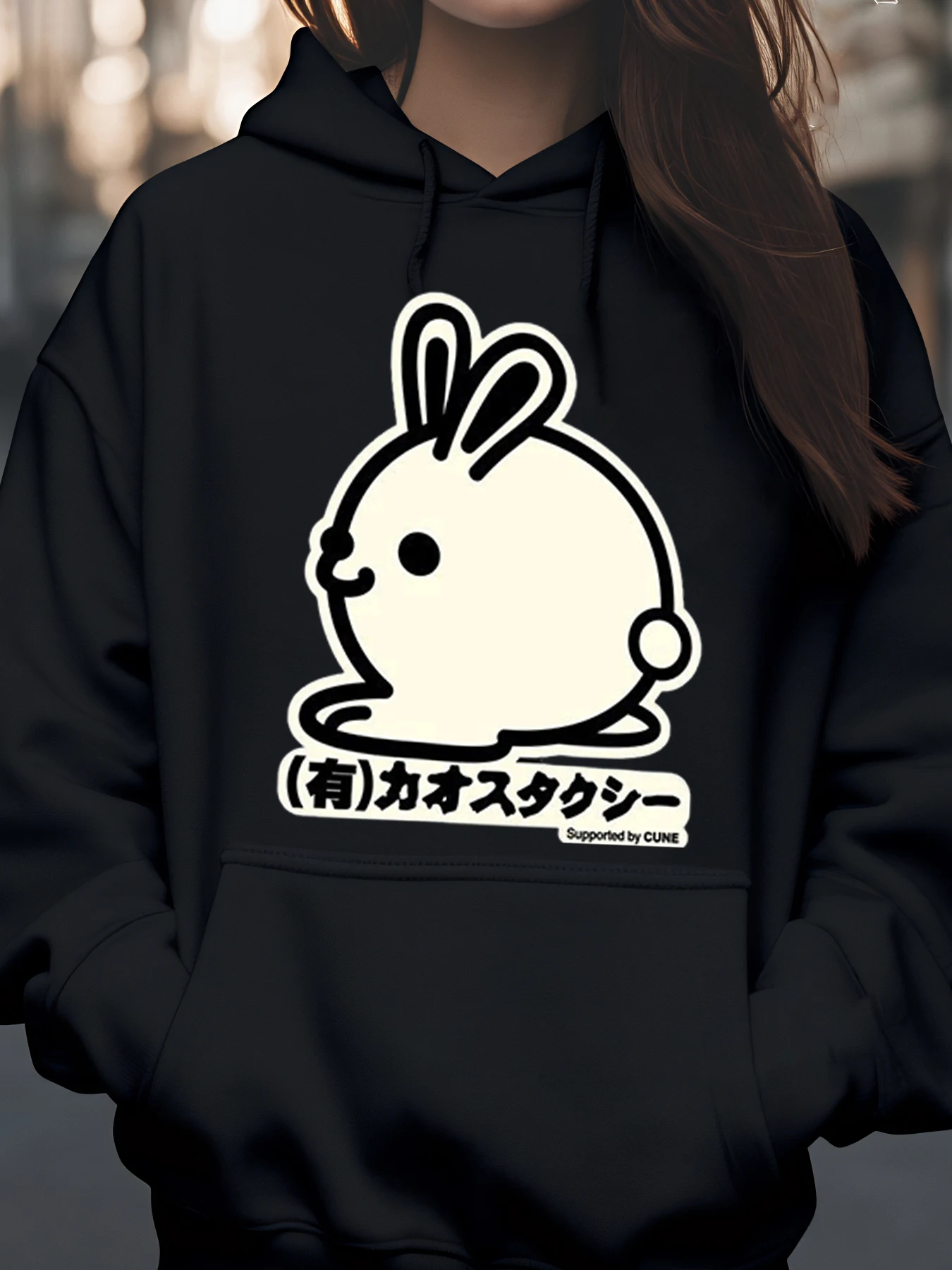 طباعة أرنب ونص ياباني للعطلات، ملابس كاجوال للنساء