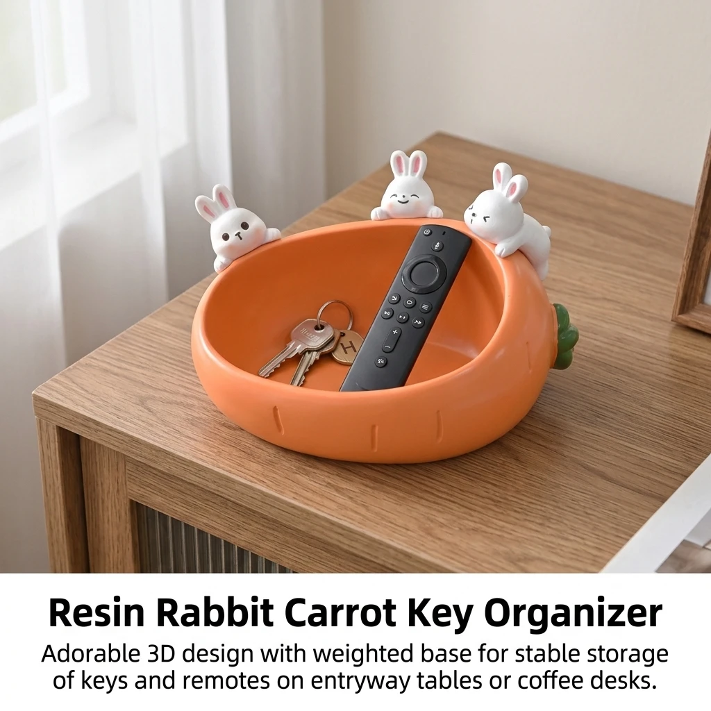 Resin Storage Bowl Organizing Rabbit Carrot Holder for Living Room Coffee Table Office Desk Decor Cute Weighted Base Gift