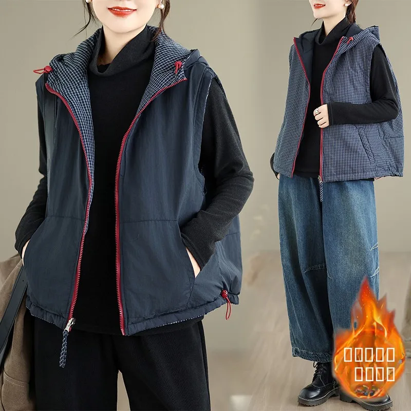

High-End Women's Double-Sided Wear Hooded Jaet Vest Brand Large Size Autumn Winter New Sle Commute Sle Regular Length