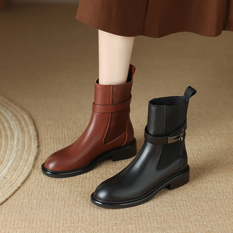 

2023 new autumn winter Women ankle boots natural leather plus size 22-26.5cm cowhide upper modern boots buckle Chelsea Boots