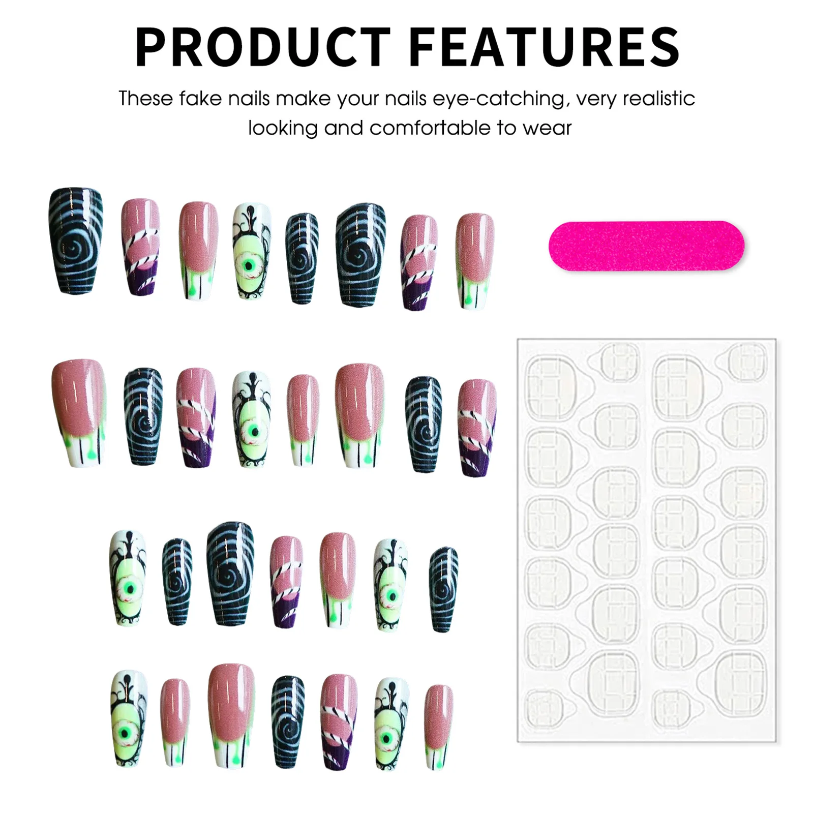 24 قطعة موضوع الهالوين الأظافر كاذبة الرعب مقلة العين ديكور دوامة شريط التدرج الأخضر النمط الفرنسي اضغط على الأظافر نعش أظافر وهمية