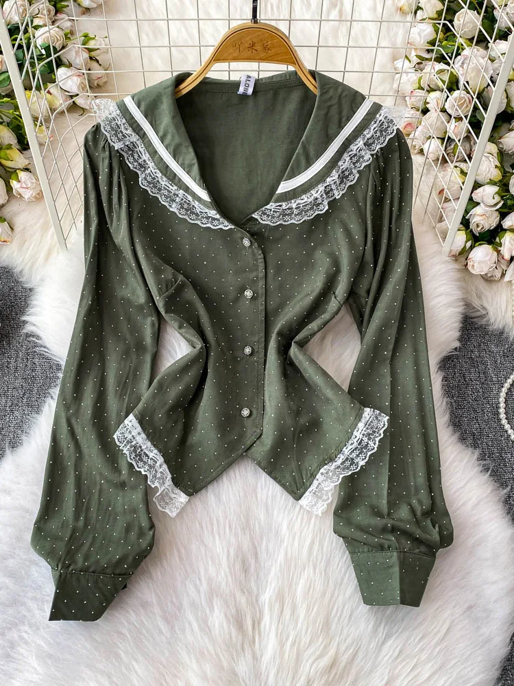 

Women's Summer Shirt A Niche Sweet Lace Trimmed Navy Neck Long Sleeved Shirt with A Slim Fit Slimming Top Design BL196