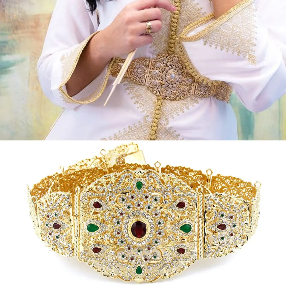 

Sunspicems Wide Crystal Morocco Belt For Women Bridal Caftan Dress Waist Chain Gold Color Arabic Wedding Body Jewelry