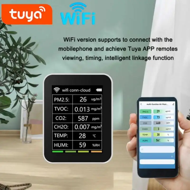 Tuya WiFi كاشف جودة الهواء 6 في 1 كاشف الهواء الذكي متعدد الوظائف PM2.5 TVOC CO2 CH2O كاشف درجة الحرارة والرطوبة