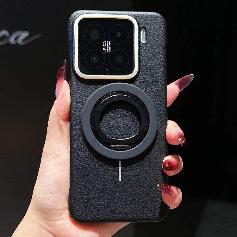

Magsafe Magnetic 360 ° Rotat Bracket Ring Solid Color Leather Not Border Phone Case For Xiaomi 14 15 Ultra Pro Bumper Back Cover