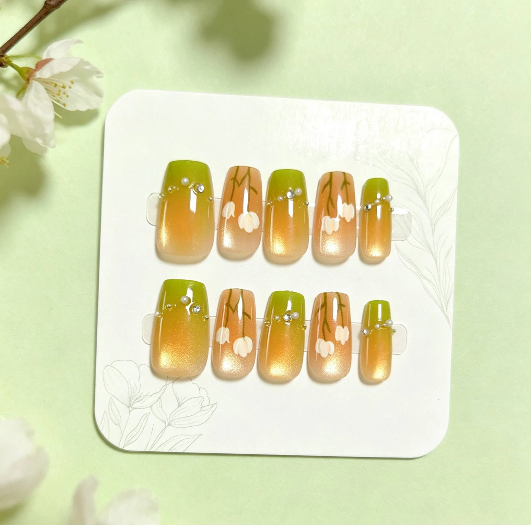 10pcs Medium Square Press On Nails Green Orange Ombre Cat Eye Fake Nails Tulip Print With Rhinestone Reusable Wearable Nails