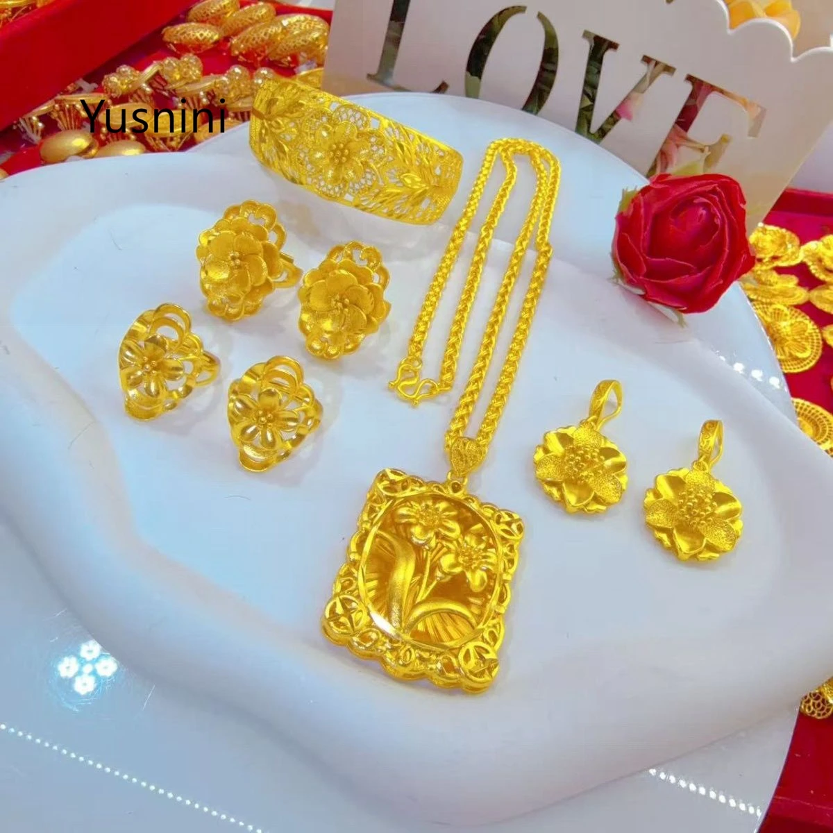 New Dubai 24K Gold Plated Luxury Jewelry Set Party Wedding Accessories 7-Piece Couple Jewelry Set YY10947