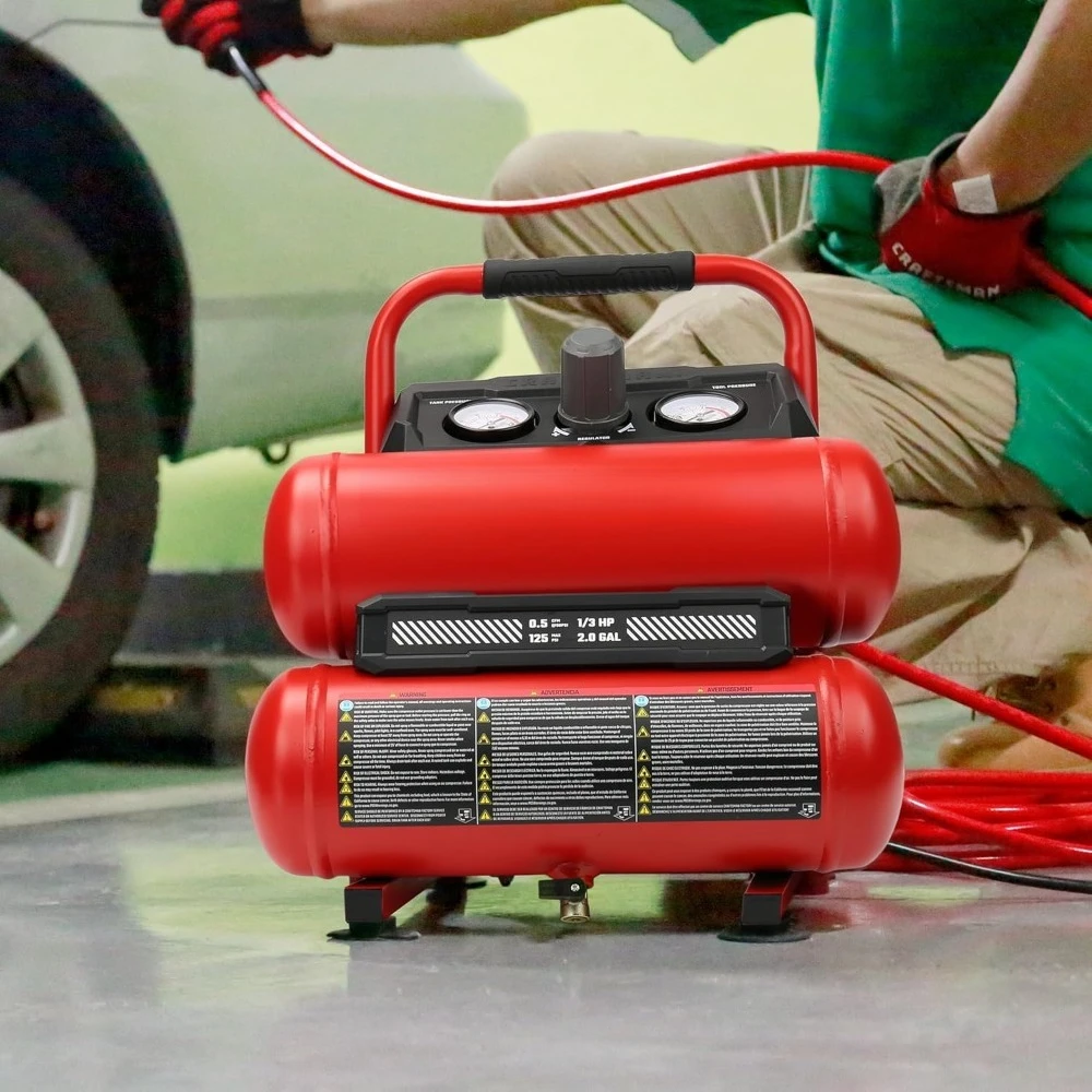 Portable 2 Gallon Air Compressor 1/3 HP Oil-Free Twin Tank 125 PSI Quiet for Home DIY Tire Inflation Nailing Spray-Popular
