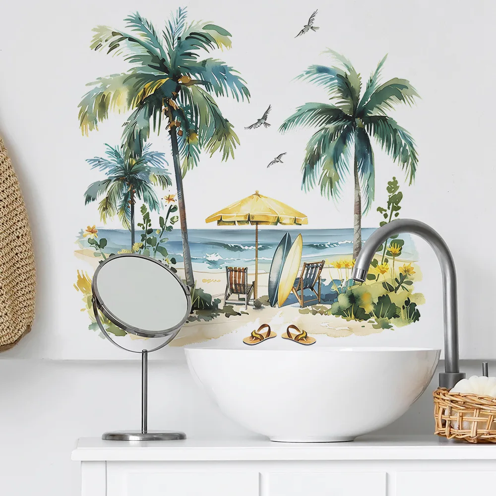 Colored Summer Beach Coconut Trees Wall Stickers Living Room Background Decor Decals Bedroom Home Decoration Self-adhesive Mural