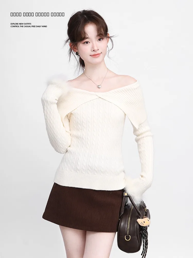 

Женский облегающий вязаный свитер с открытыми плечами Tee Galaxy Residents Pure Desire, белый, с длинными рукавами, весна 2026, модный топ