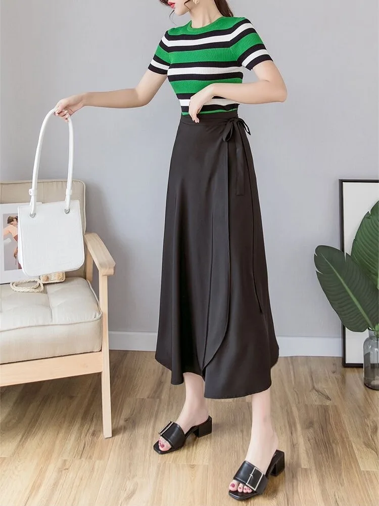 

Summer 2024 New Wrap Skirt One-Piece Asymmetrical Pure Color Women's Belted Beach Holiday Skirt High Waist A-Line Midi Skirt