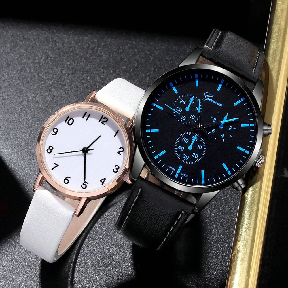 4 Piece Set Of Top Luxury Fashion Couple Watches For Women Men Clock, Men Dial Quartz Watch Leather Strap, Watch