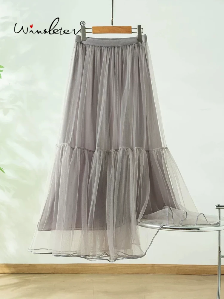 Winsleter-Lining Silk Elegant Skirts, Elastic Waist Mesh Patchwork, Women French Temperament A-line Skirt, 2026 Summer B66873CC