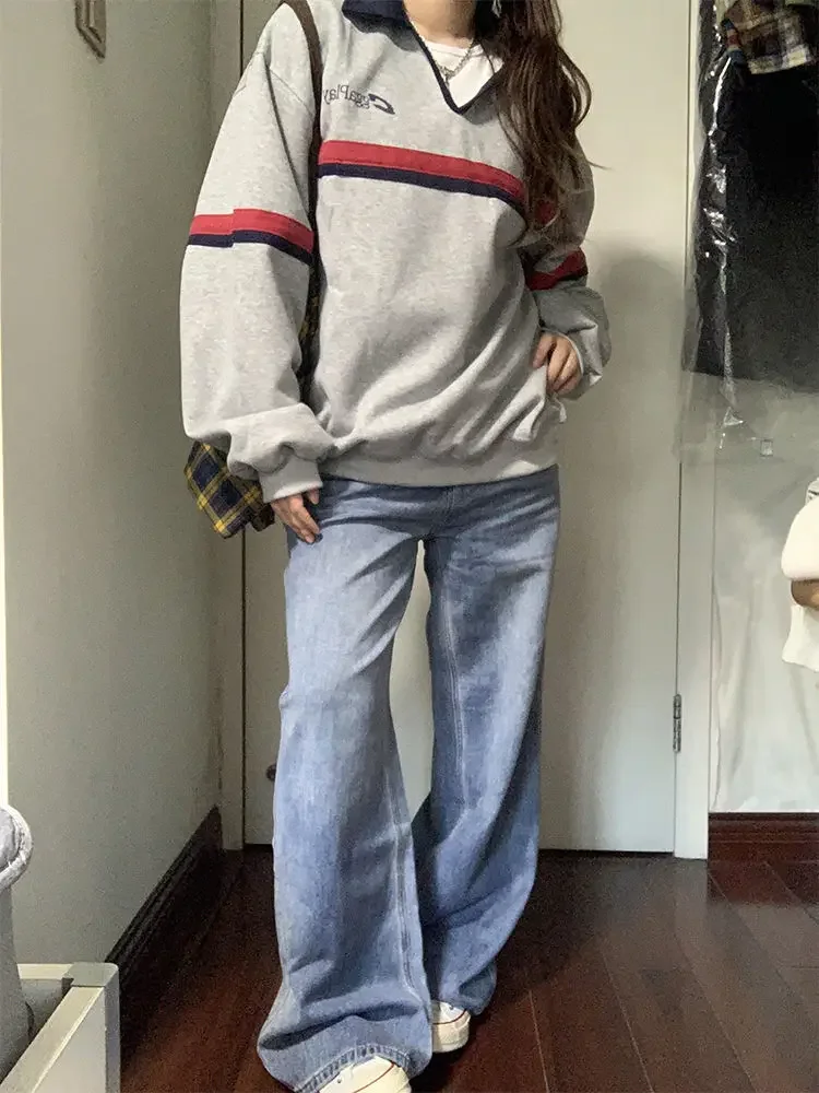 HOUZHOU Vintage Gray Polo Women Sweatshirts Casual Korean Preppy Style Pullovers Retro Letter Printed Hoodies Loose Streetwear