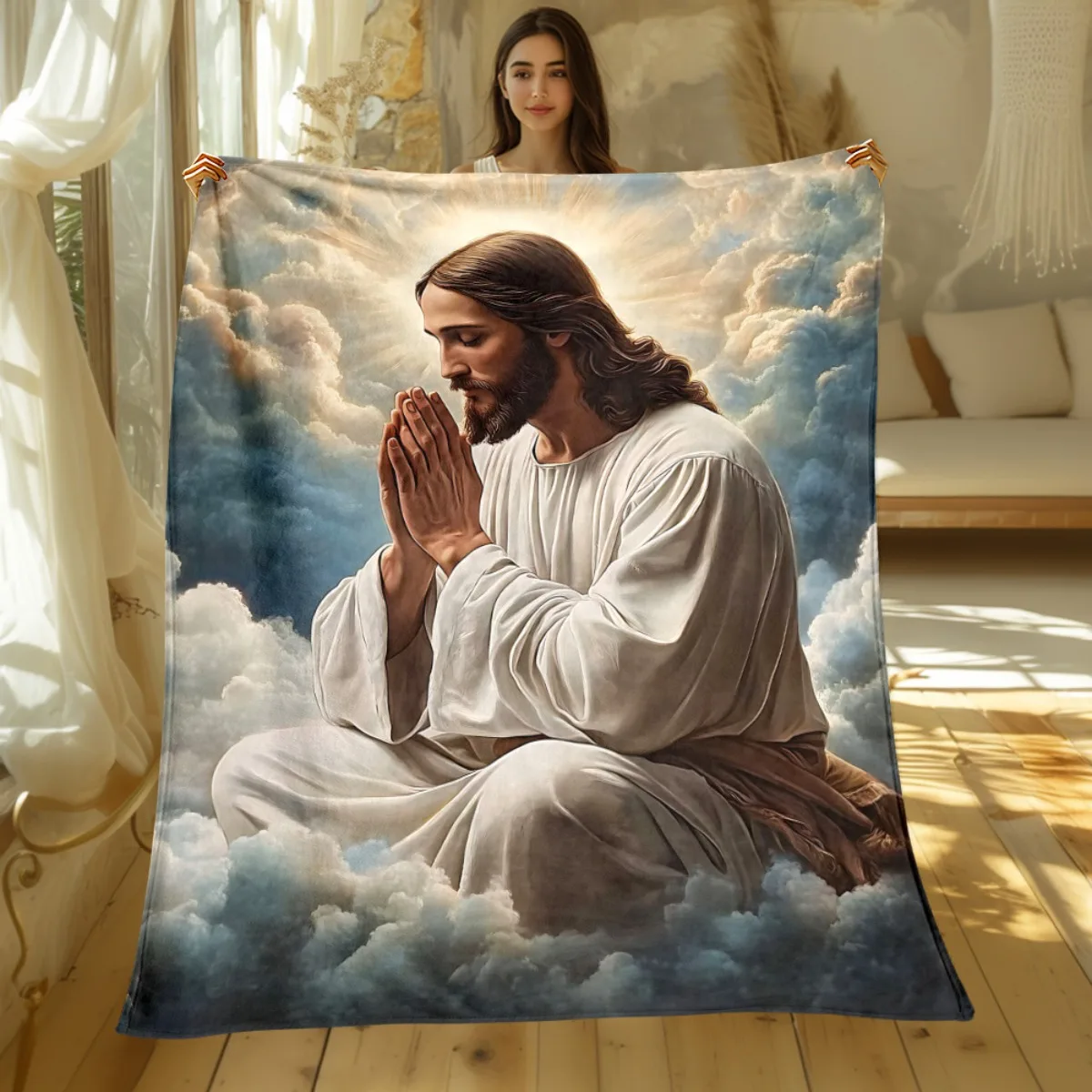 Jesus Christ Praying on Clouds Religious Art Fleece Blanket Christian Faith Gift Inspirational Home Decor Soft Cozy Throw Cover