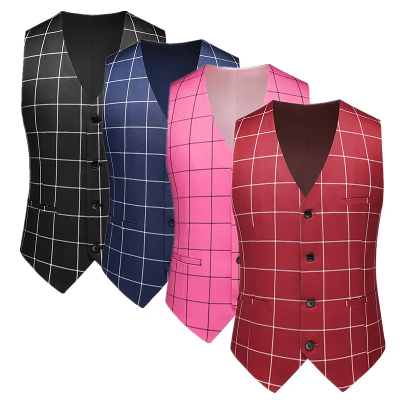 2024 New Men Formal Business Social Plaid Suit Vest Black / Wine Red Fashion Male Simple Wedding Dress Tops Slim Fit Clothing