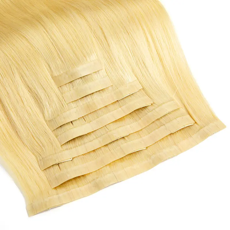 Extensiones de cabello rubio liso con Clip de PU, cabello humano 100% Remy de 12-24 pulgadas, 7 piezas, trama de piel sin costuras