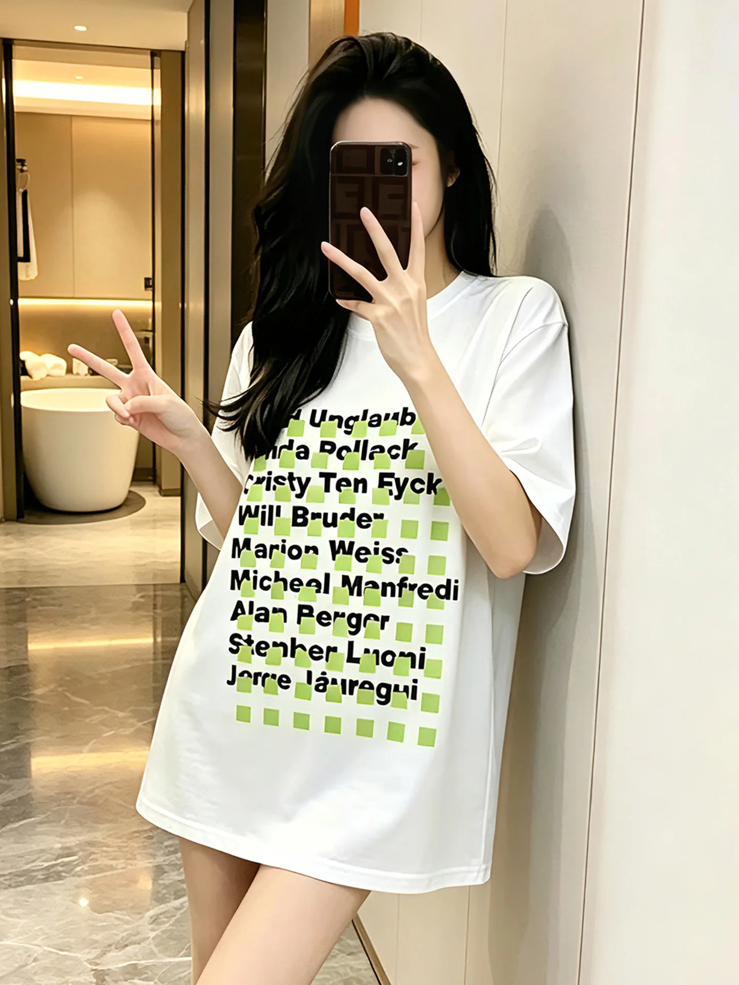 White Oversized Women's T-shirt Butt Covering Set Casual Style Cotton Short Sleeve round Neck Mid-Length Dopaamine Trendy Top