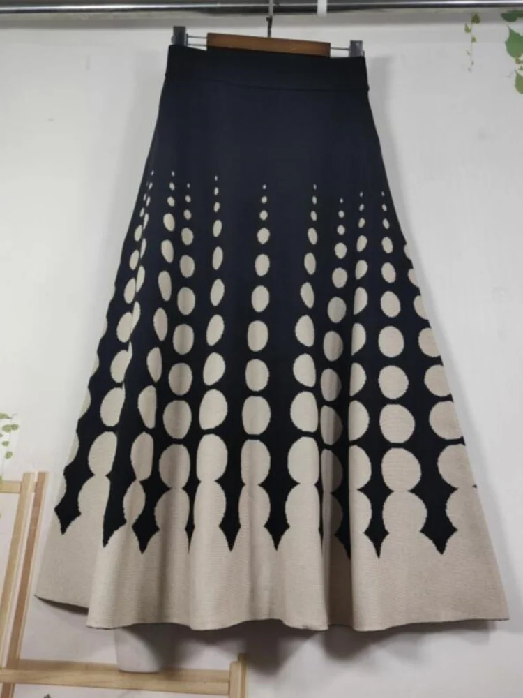 

Runway Style Polka Dots Knitted High Waist Skirt Women's 2024 New Autumn Winter Office Lady Elastic A-Line Pleated Midi Skirt