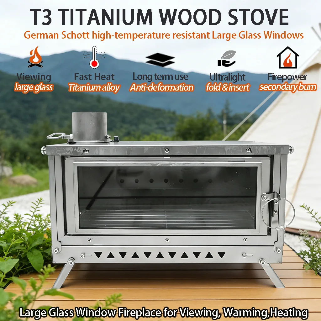 DANCHEL T3 Titanium Tent Stove, Folding Insert Wood Burning Stove Ultralight Camping Fireplace 3 Glass Chimney Hiking Tent Stove