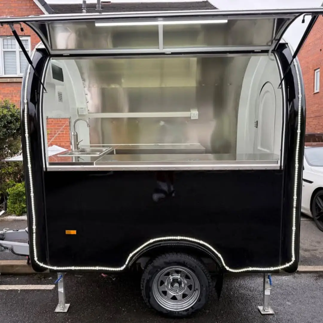 Compact Single Axle Food Trailer with Dual Service Windows Stainless Steel Worktops and Sink for Coffee Beverage Snack Vending
