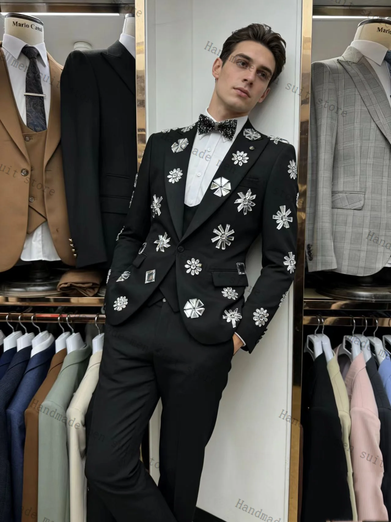 

Black Cotton Men Suit Set 2 Piece Crystals Blazer+Pants Prom Wedding Tuxedos Coat Customized Formal Office Fashion Jacket