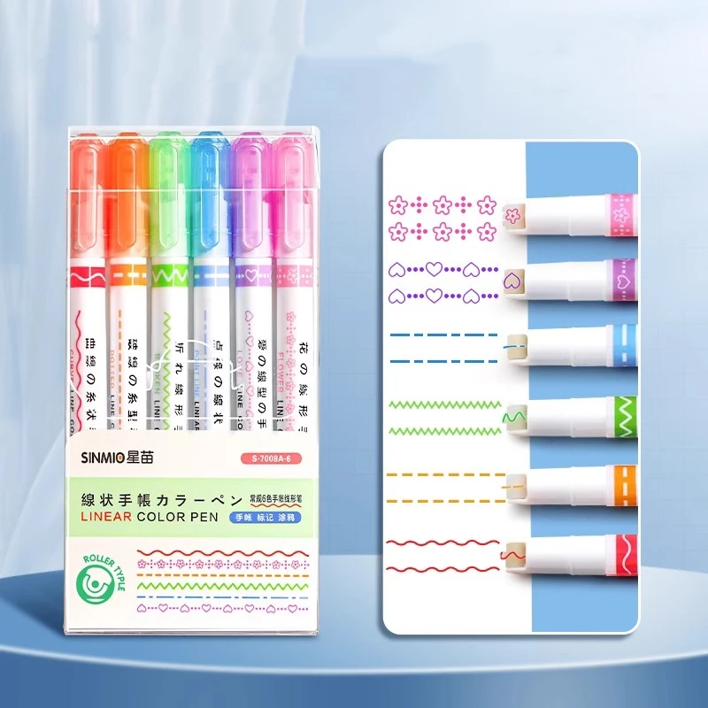

6pcs Line Stamp Highlighter Pens Set Multi Color Roller Tip Curve Liner Marker Highlighter for Office School F253