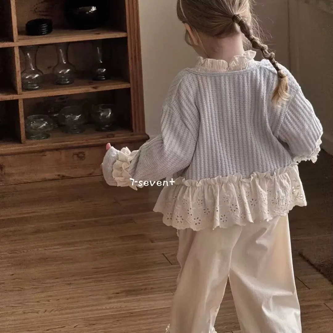 Girl Coat Spring/Autumn 2026 New Style Child Baby Forest-Inspired Patchwork Trim Knit Cardigan for Kids