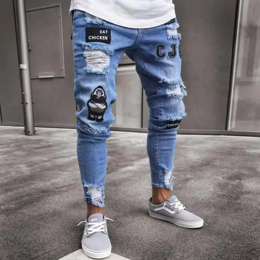 Punk Plus Size Pants Men Skinny Ripped Hole Patchwork Jeans Slim Pencil Denim Hip Pop Trousers Autumn Winter Streetwear Men\'s