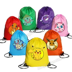 Pokemon Drawstring Pockets Pikachu Tote Bag Character Print Large Capacity Drawstring Bags Watertight Kid Shopping Knapsack Gift
