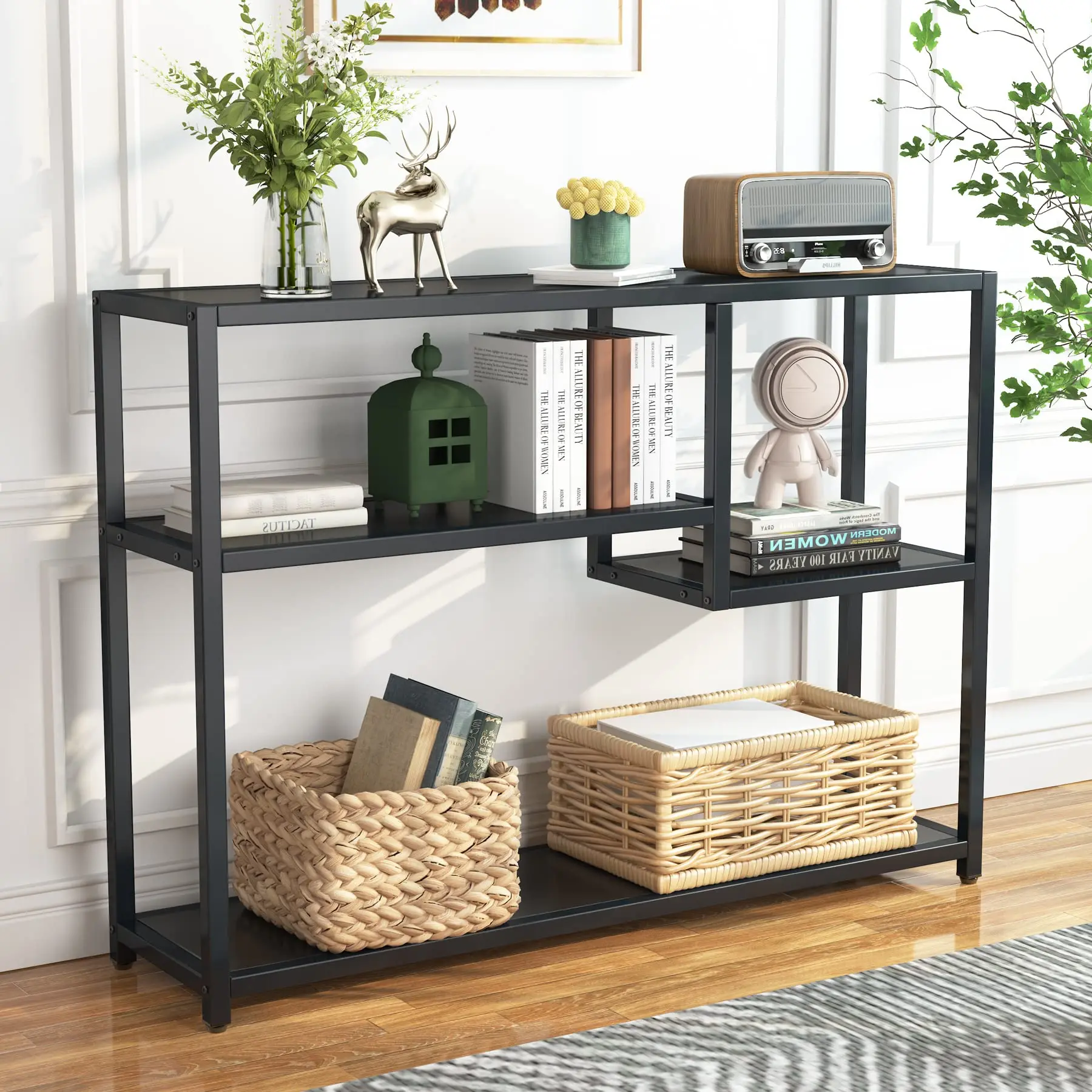 Tribesigns Console Table, Small Black Entryway Table with Storage Shelves, 43 Inch Vintage Entrance Table Behind Couch Table