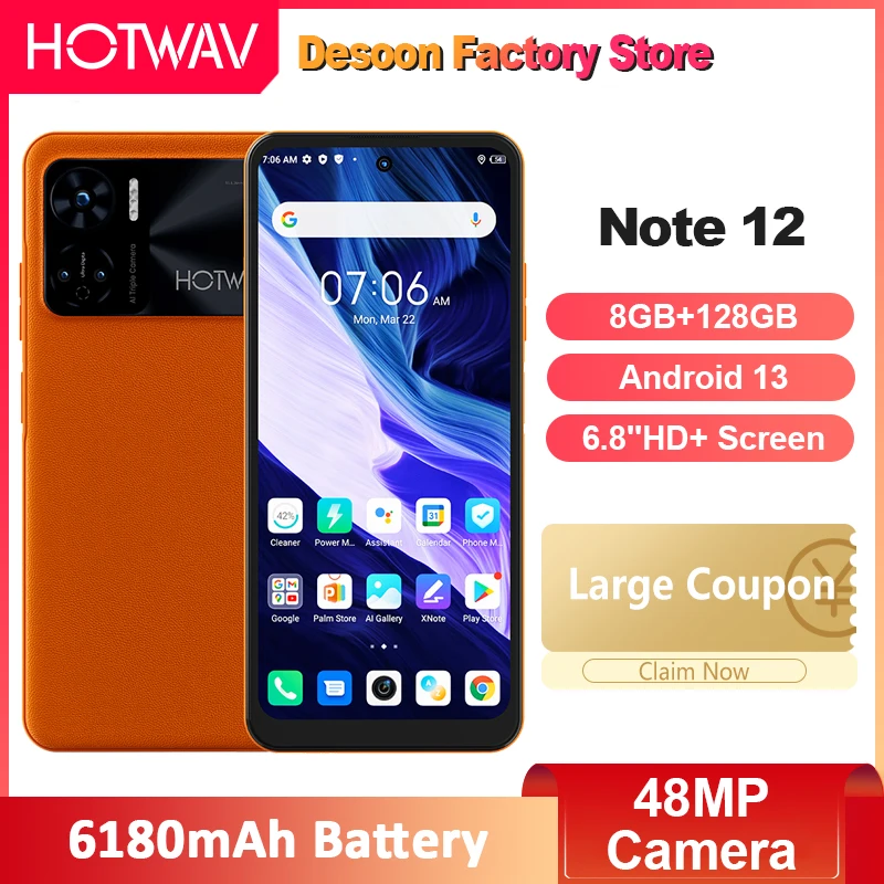 

HOTWAV Note 12 Smartphone 6.8''HD+ 8GB+128GB T606 Octa-Core Android 13 6180mAh Battery 48MP Camera NFC 20W Charging Cellphone