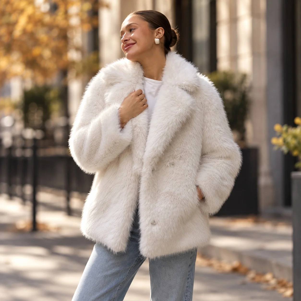 Long Sleeve Pocket Coat Mid Length Edgy Street with Notched Lapel Mid Long Length Streetwear No Hood Women Winter Jacket