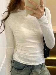 Camiseta informal coreana para mujer, blusa fina con cuello redondo, camisetas ajustadas sexys de manga larga, Tops para mujer 2023